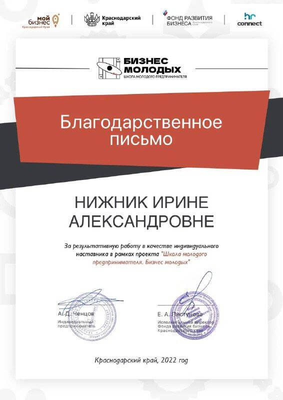Благодарственное письмо Нижник Ирине Александровне